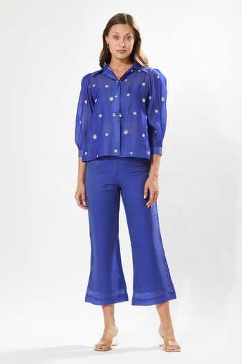 Buy_Meadow_Blue Silk, Cotton Embroidery Shawl Neck Lila Rosa Top _at_Aza_Fashions
