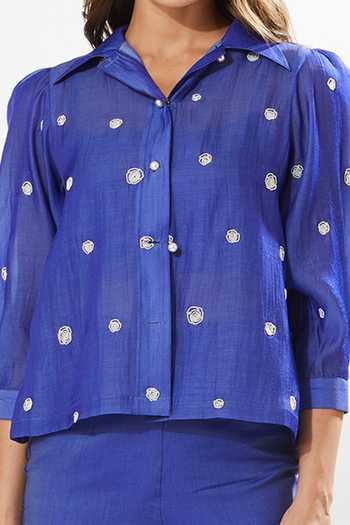 Shop_Meadow_Blue Silk, Cotton Embroidery Shawl Neck Lila Rosa Top _at_Aza_Fashions