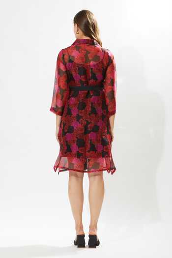 Shop_Meadow_Magenta Silk Organza, Cotton Embroidery Collared Rosemarie Printed Dress _at_Aza_Fashions