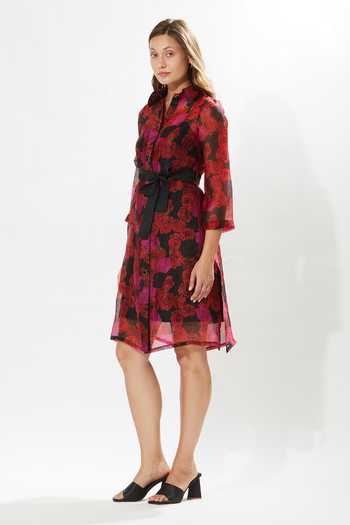 Shop_Meadow_Magenta Silk Organza, Cotton Embroidery Collared Rosemarie Printed Dress _Online_at_Aza_Fashions