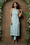 Shop_Aariyana Couture_Blue Kurta Butterfly Net Embroidery Floral Round Neck With Pant _Online_at_Aza_Fashions