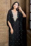 Shop_Aariyana Couture_Black Kaftan Cotton Silk Embroidery Geometric V Neck Yoke _at_Aza_Fashions