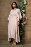 Aariyana Couture_Peach Kaftan Cotton Silk Hand Embroidery Floral Notched Round Neck Yoke _at_Aza_Fashions