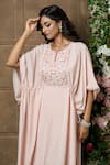 Aariyana Couture_Peach Kaftan Cotton Silk Hand Embroidery Floral Notched Round Neck Yoke _Online