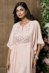 Shop_Aariyana Couture_Peach Kaftan Cotton Silk Hand Embroidery Floral Notched Round Neck Yoke _at_Aza_Fashions