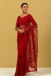 Buy_Ikshita Choudhary_Red Net Embroidery Sequins V Neck Saree And Blouse Set _at_Aza_Fashions