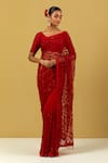 Buy_Ikshita Choudhary_Red Net Embroidery Sequins V Neck Saree And Blouse Set _Online_at_Aza_Fashions