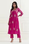 Buy_Ikshita Choudhary_Magenta Chanderi Embroidery Sequin V Neck Floral Anarkali With Pant _at_Aza_Fashions