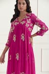 Shop_Ikshita Choudhary_Magenta Chanderi Embroidery Sequin V Neck Floral Anarkali Set _Online_at_Aza_Fashions