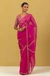 Buy_Ikshita Choudhary_Pink Chanderi Embroidery Sequin V Neck Floral Butti Saree And Blouse Set _at_Aza_Fashions