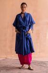 Buy_Swatti Kapoor_Blue Handloom Cotton, Cotton, Silk Collared Ishna Checkered Pattern Trench Coat _at_Aza_Fashions