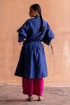 Shop_Swatti Kapoor_Blue Handloom Cotton, Cotton, Silk Collared Ishna Checkered Pattern Trench Coat _at_Aza_Fashions
