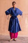 Shop_Swatti Kapoor_Blue Handloom Cotton, Cotton, Silk Collared Ishna Checkered Pattern Trench Coat _Online_at_Aza_Fashions