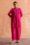 Buy_Swatti Kapoor_Pink Handwoven Yarn Dyed Silk Stripe Round Venu Kurta _at_Aza_Fashions