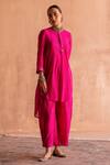 Swatti Kapoor_Pink Handwoven Yarn Dyed Silk Stripe Round Venu Kurta _Online_at_Aza_Fashions