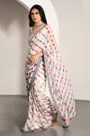 Buy_K-Anshika_Off White Georgette Printed Geometric Leaf Neck Pre-draped Saree With Blouse _at_Aza_Fashions