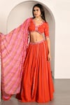 Buy_K-Anshika_Orange Georgette Embroidery Thread V Neck Stripe Lehenga Set _at_Aza_Fashions