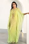 Buy_K-Anshika_Green Georgette Tassels Keyhole Neck Chevron Print Kaftan _at_Aza_Fashions