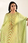 K-Anshika_Green Georgette Tassels Keyhole Neck Chevron Print Kaftan _Online_at_Aza_Fashions