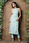 Buy_Aariyana Couture_Blue Kurta Butterfly Net Embroidery Floral Round Neck With Pant _at_Aza_Fashions