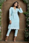 Shop_Aariyana Couture_Blue Kaatan Slub Hand Embroidery Pearl V Neck Placket Kurta With Pant 