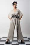 Buy_Meesa_Grey Plain V Neck Jumpsuit With Roar Corset Belt  _at_Aza_Fashions