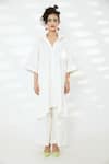 Buy_Meesa_White Embroidered Sleeves Double Stitch Collared Bell Long Shirt With Palazzo _at_Aza_Fashions