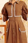 Shop_Meesa_Brown Cotton Poplin Embellished Crochet Lace Puff Sleeve Shirt Dress  _Online_at_Aza_Fashions