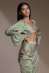 Mamicha_Blue Satin, Georgette V-neck Stripe Print Crop Top _Online_at_Aza_Fashions