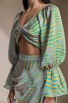 Mamicha_Blue Satin, Georgette V-neck Stripe Print Crop Top _at_Aza_Fashions