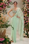 Buy_Preeti S Kapoor_Green Saree Georgette Embroidered Orchids Pre-draped With Mirror Work Blouse _at_Aza_Fashions