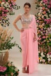 Shop_Preeti S Kapoor_Pink Saree Georgette Embroidered Dalhia Pre-draped With Mirror Work Blouse _Online_at_Aza_Fashions