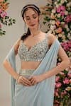 Preeti S Kapoor_Blue Saree Georgette Embroidered Aster Pre-draped With Mirror Work Blouse _Online_at_Aza_Fashions