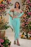 Buy_Preeti S Kapoor_Blue Saree Georgette Embroidered Carnation Pre-draped With Mirror Work Blouse _at_Aza_Fashions