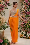 Buy_Preeti S Kapoor_Orange Saree Georgette Embroidered Cosmos Pre-draped With Mirror Work Blouse _at_Aza_Fashions