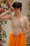 Shop_Preeti S Kapoor_Orange Saree Georgette Embroidered Cosmos Pre-draped With Mirror Work Blouse _Online_at_Aza_Fashions