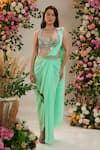 Buy_Preeti S Kapoor_Green Saree Georgette Embroidered Hydrangea Pre-draped With Mirror Work Blouse _at_Aza_Fashions