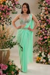 Shop_Preeti S Kapoor_Green Saree Georgette Embroidered Hydrangea Pre-draped With Mirror Work Blouse _Online_at_Aza_Fashions