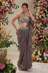 Shop_Preeti S Kapoor_Grey Saree Shimmer Georgette Embroidered Pearl Brunia Pre-draped With Blouse _Online_at_Aza_Fashions