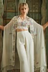 Sayisha_White Georgette Hand Embroidery Floral Blouse Bloom Border Jacket Palazzo Set _Online_at_Aza_Fashions
