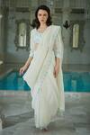 Buy_SAYISHA_White Organza Hand Scallop Trim Saree With Puff Sleeve Blouse  _at_Aza_Fashions