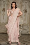 Buy_SAYISHA_Beige Organza Hand Embroidery Floral V Neck Zari Saree With Blouse  _at_Aza_Fashions