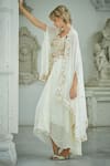 Shop_Sayisha_White Silk, Organza Embroidery Sweetheart Asymmetric Jacket And Drape Skirt Set _at_Aza_Fashions