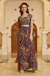 Shop_SAYISHA_Multi Color Chinon Geometric Round Pattern Long Jacket And Palazzo Set  _at_Aza_Fashions