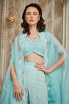 Sayisha_Blue Satin, Organza Embroidery V-neck, Round Floral Jacket And Flared Palazzo Set _Online_at_Aza_Fashions