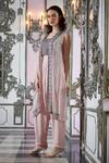 Sayisha_Peach Georgette Embroidery Round Neck Floral Jacket And Dhoti Pant Set _Online_at_Aza_Fashions