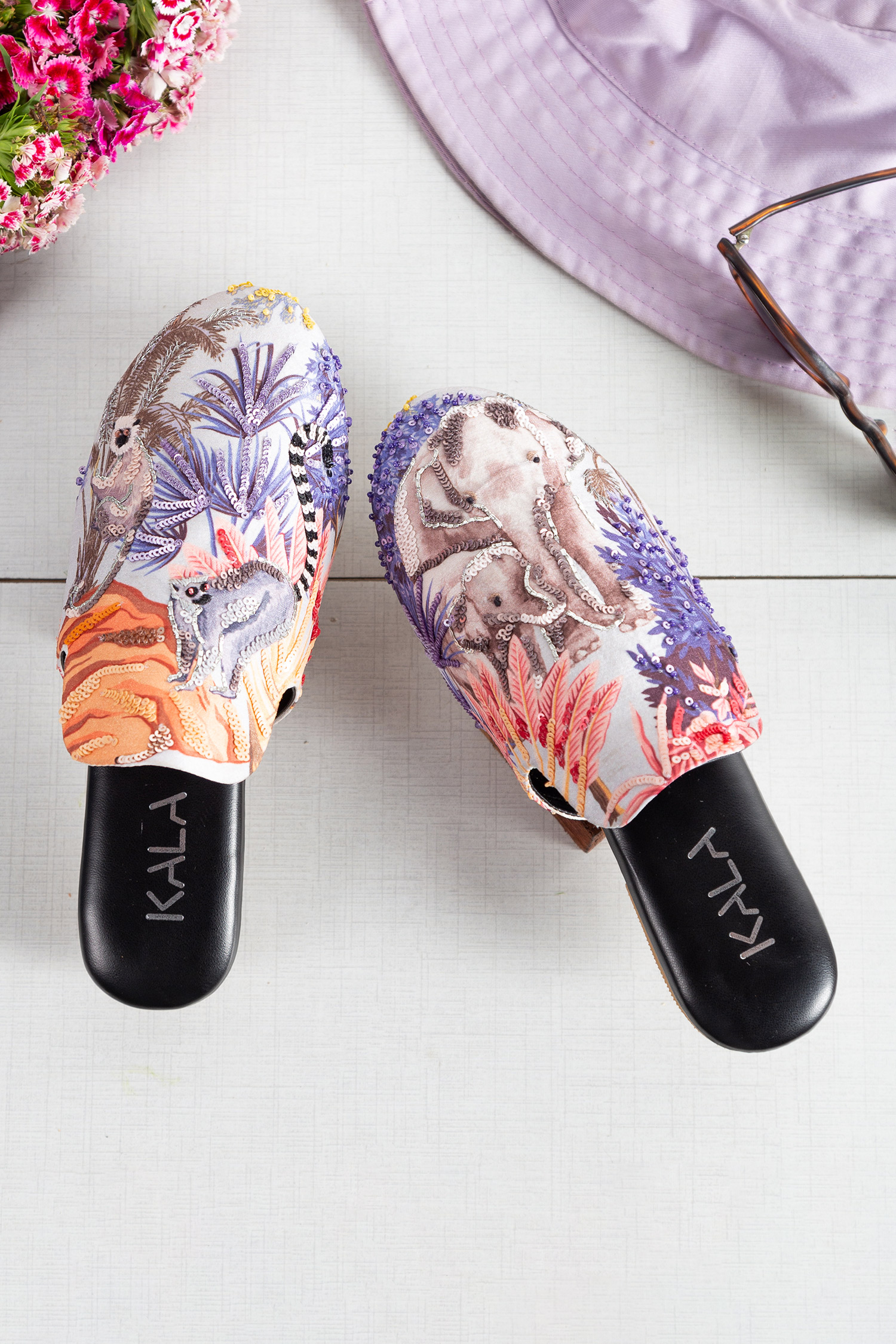 Buy_Kala_Cream Printed Elephant Whisperer And Embroidered Mules _at_Aza_Fashions