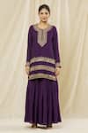 Vasavi Shah_Purple Silk, Cotton Sequins, Embroidery Round Neck Short Kurta Gharara Set _Online_at_Aza_Fashions