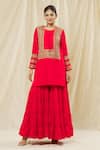 Vasavi Shah_Red Silk, Cotton Sequins, Embroidery Round Neck Dori Short Kurta Sharara Set _at_Aza_Fashions