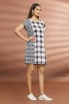 Naintara Bajaj_Black Cotton Round Neck Checkered Pattern Short Dress _Online_at_Aza_Fashions